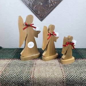 Wooden Angel Candle Holders with Red Accents